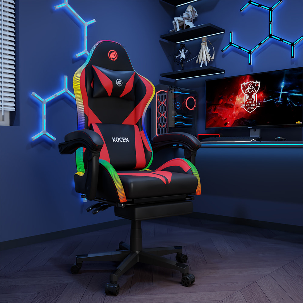 PU-nahkainen pelituoli, Esports-tuoli monivärisellä säädettävällä RGB-valolla, USB-virtalähde, kaukosäädin