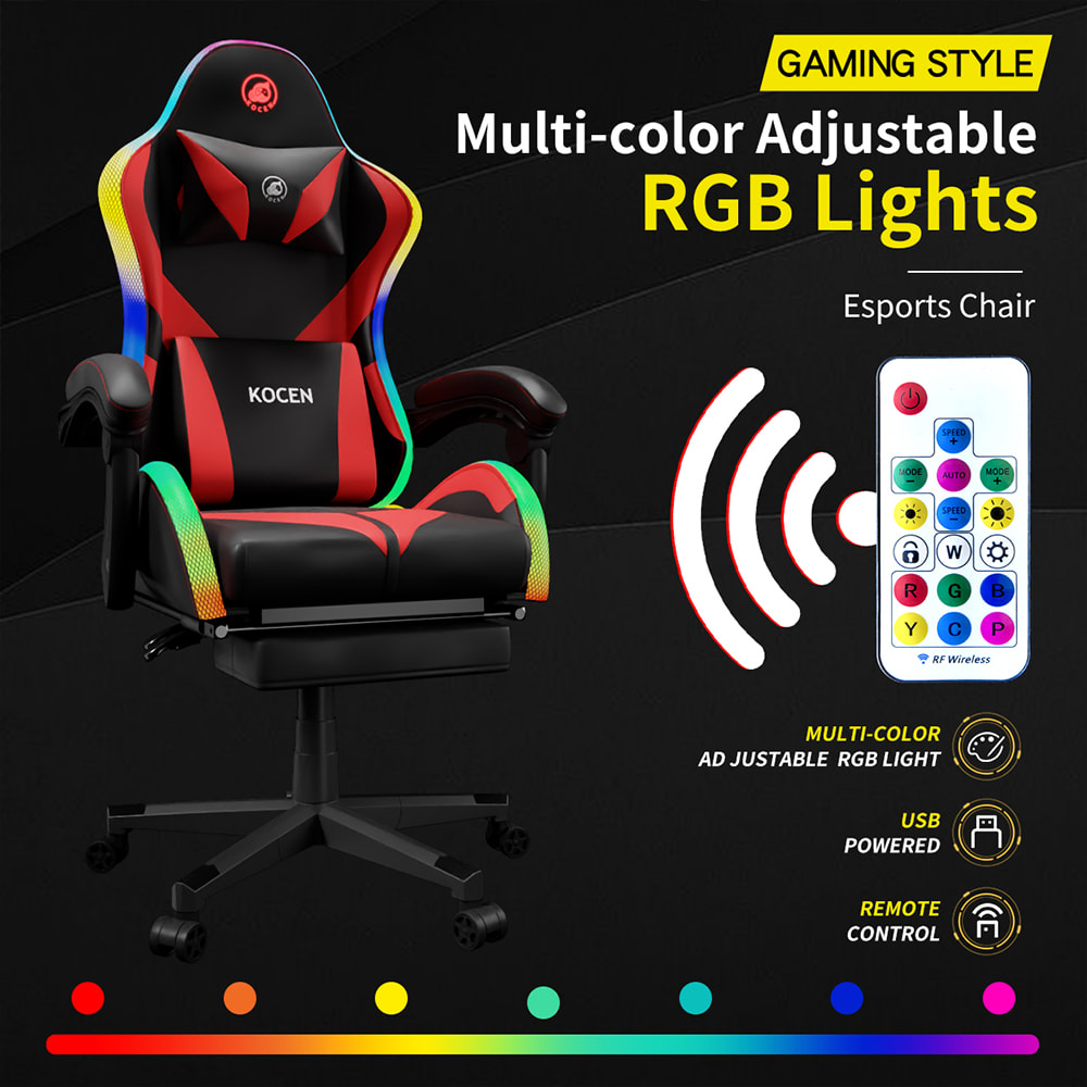 PU-nahkainen pelituoli, Esports-tuoli monivärisellä säädettävällä RGB-valolla, USB-virtalähde, kaukosäädin