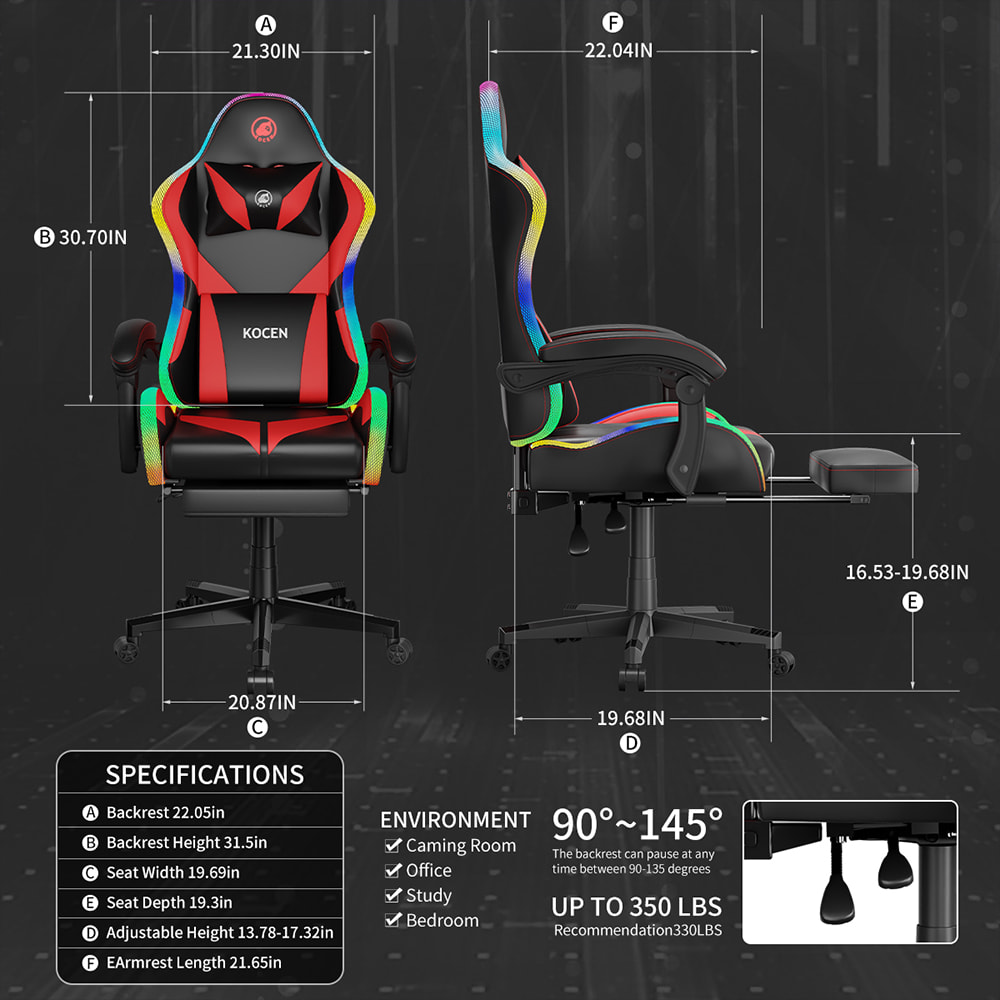 PU-nahkainen pelituoli, Esports-tuoli monivärisellä säädettävällä RGB-valolla, USB-virtalähde, kaukosäädin
