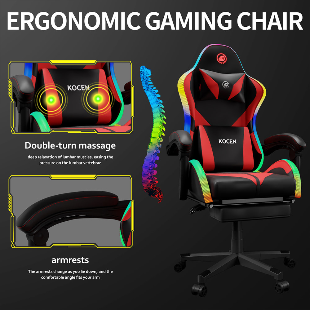 PU-nahkainen pelituoli, Esports-tuoli monivärisellä säädettävällä RGB-valolla, USB-virtalähde, kaukosäädin